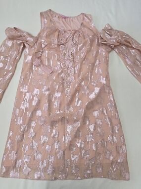 Lilly Pulitzer Blush Pink Metallic Cold-Shoulder Dress with Tassel Tie